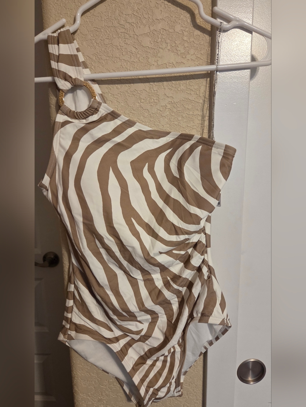 Michael Kors White and Taupe Zebra-Print Swim Belt with Gold Hardware